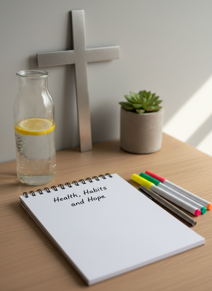 A clean white spiral notebook sits on a light oak desk, its first page titled “Health, Habits, and Hope” in precise black ink, surrounded by neatly arranged colored highlighters and a simple metal pen. An open glass water bottle with lemon slices stands to the side, tiny bubbles catching the light. Behind, a minimal cross-shaped metal decor piece leans against a pale grey wall, next to a small succulent in a concrete planter. Soft diffused afternoon light filters through an unseen window, creating a serene, organized mood. Shot from a slightly elevated angle in photographic realism, with a crisp focus on the notebook and a gentle bokeh on the background, conveying professional guidance and balanced living.