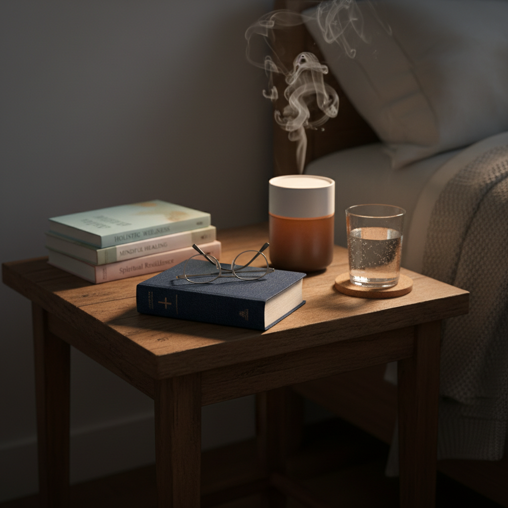 A sturdy wooden bedside table holds a closed navy-blue Bible with a textured cloth cover, a pair of reading glasses folded neatly on top, and a small stack of health-related books with pastel spines. Beside them, a glass of water with condensation beads sits on a cork coaster, and an amber glass essential oil diffuser emits a faint mist that catches the light. Warm bedside lamp illumination pools across the surface, leaving the rest of the room in soft shadow. Photographed in realistic style at a slightly low angle, the composition uses the rule of thirds to emphasize quiet nighttime reflection, comforting routines, and the intersection of spiritual and physical care.
